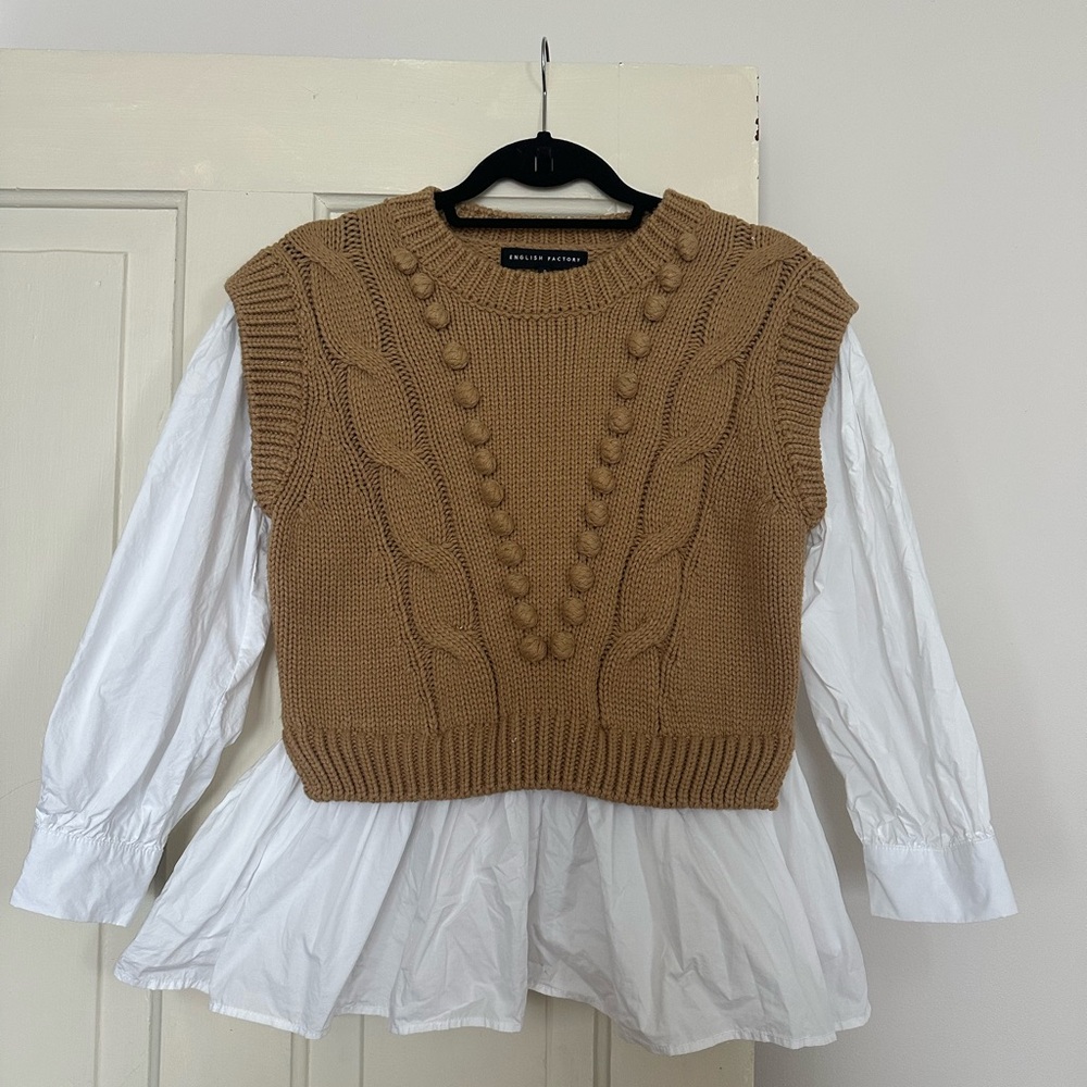 English Factory Blouse with Camel Cable Knit Pom-Pom Sweater Vest